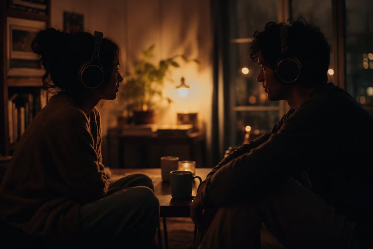 Two people wearing headphones face each other in a warm, dimly lit room with candles and shelves in the background
