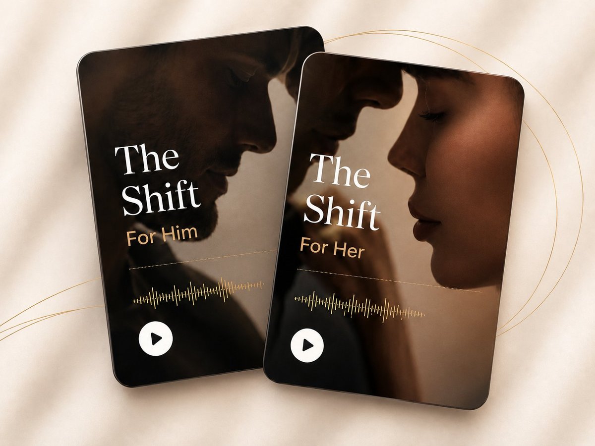 Two smartphones side by side displaying The Shift podcast covers, one labeled For Him and one labeled For Her, each with a silhouette profile and play button