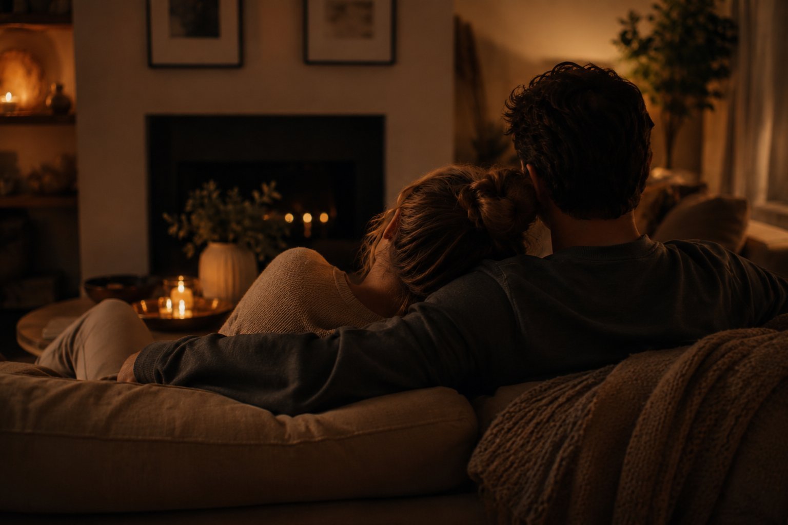 Couple relaxing on couch in warm candlelit living room with fireplace in background