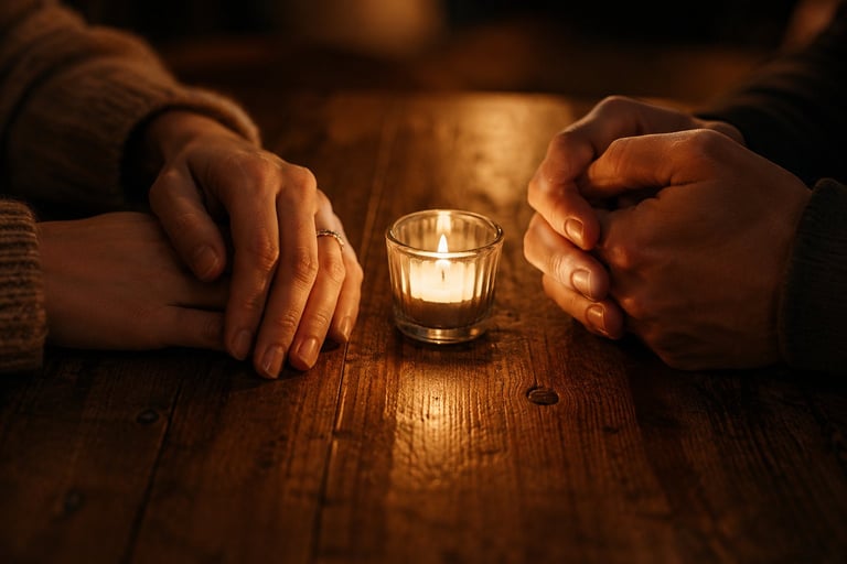 Two hands on either side of a lit candle on a wooden table in warm, dim lighting