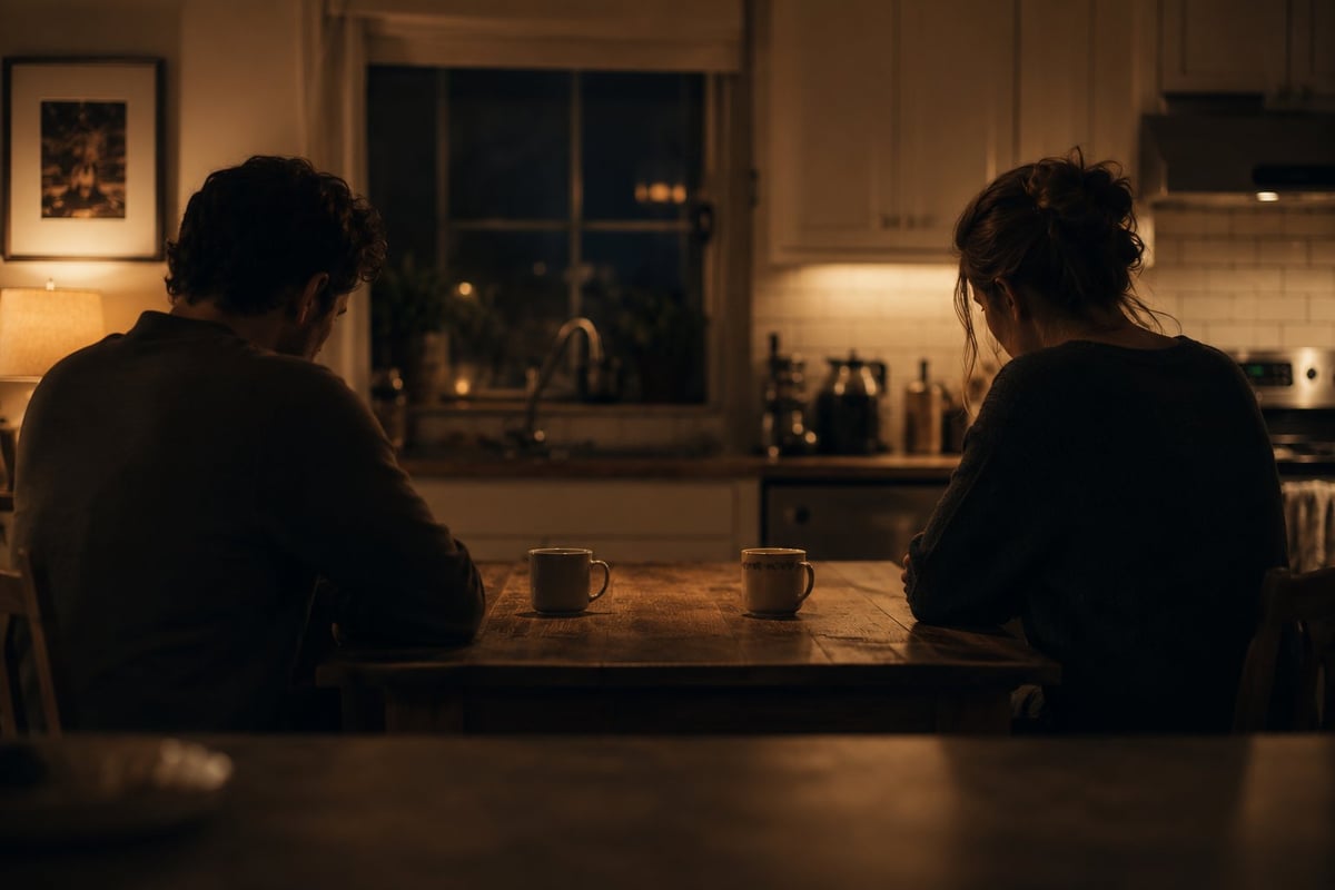 Two people sitting at a kitchen counter facing away from each other with cups between them, lit by warm lamp light in an evening setting
